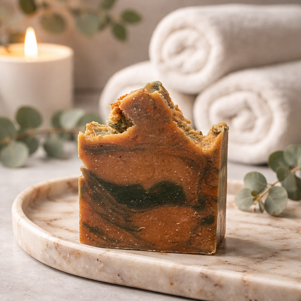 Orange and green soap in a marble surface with eucalyptus in the background
