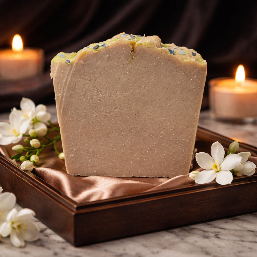 Bar of soap on a wooden tray with white flowers and candles in the background