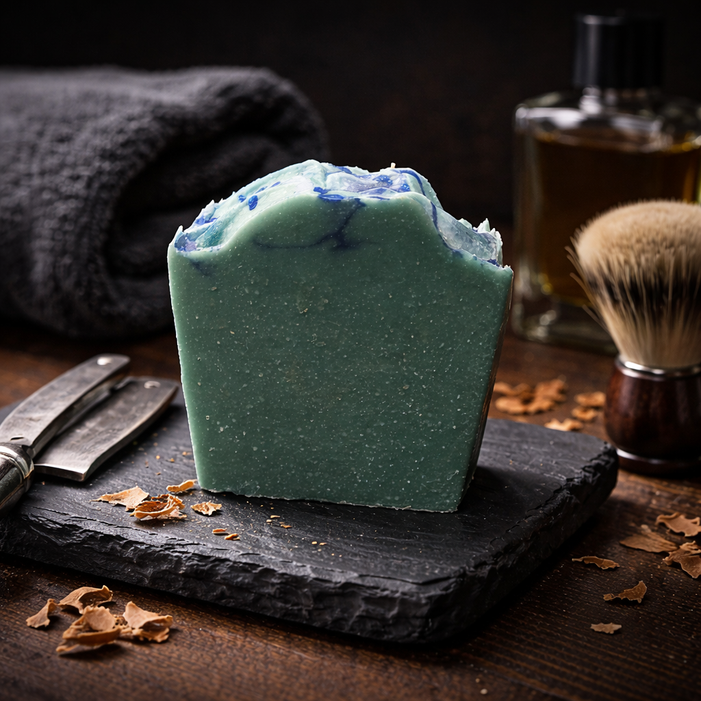 Green bar of soap with blue swirls on a black slate tray, surrounded by a black towel, shaving brush, and razor.