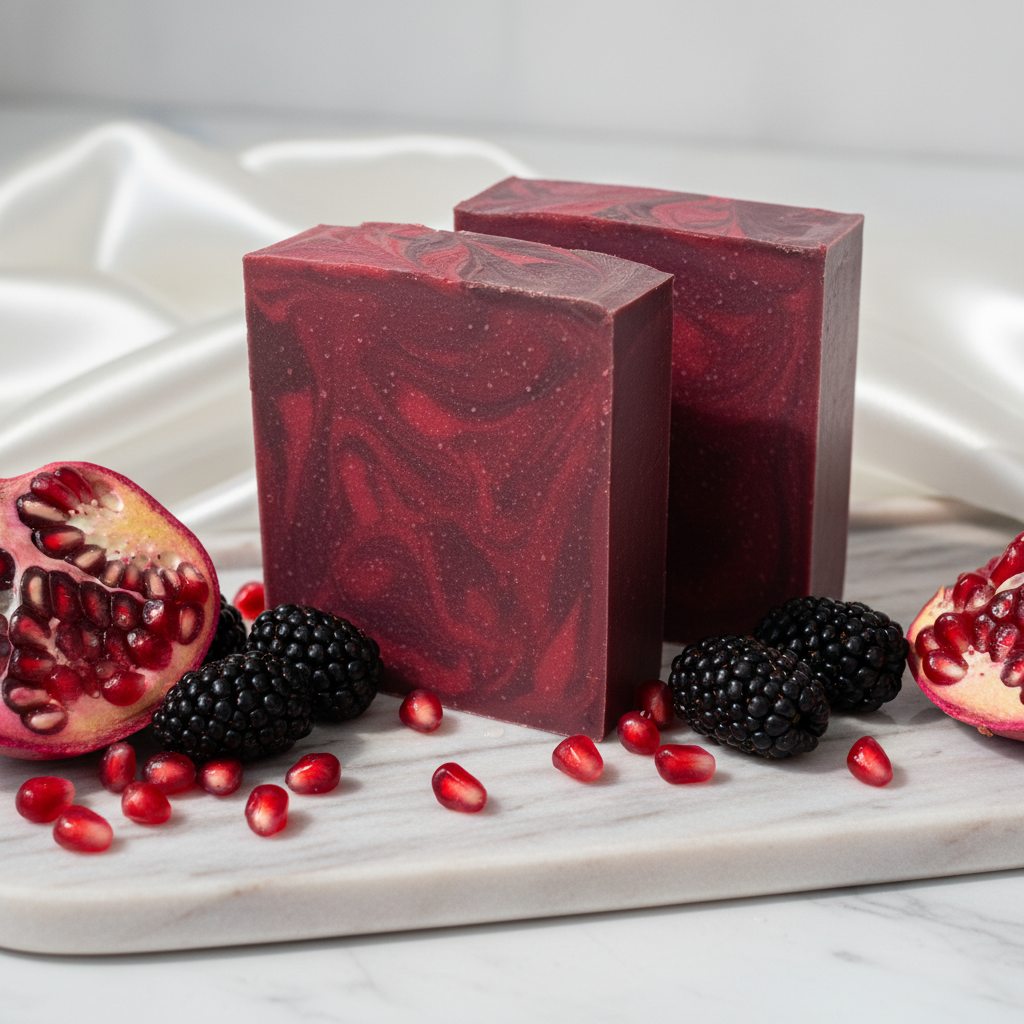 Two red marbled soap bars on a white marble surface with pomegranate and blackberry slices.