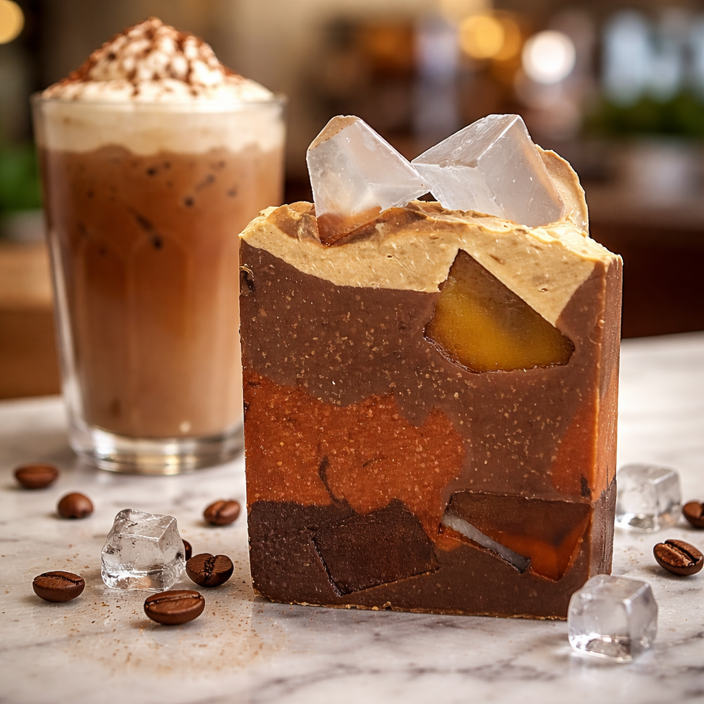 Coffee colored soap with clear soap ice cube on a counter top 
