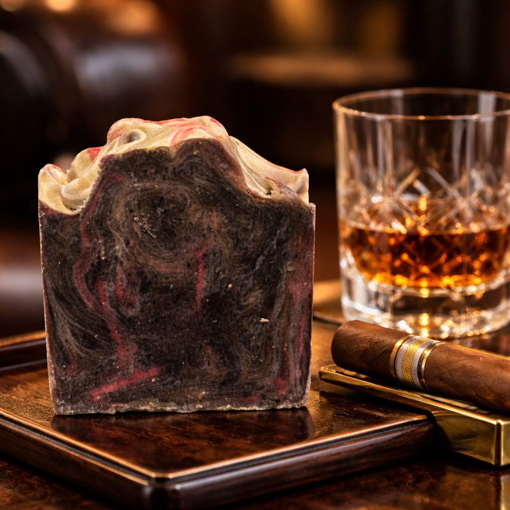 Marbled soap bar on a wooden coaster with a glass of whiskey and a cigar in the background.