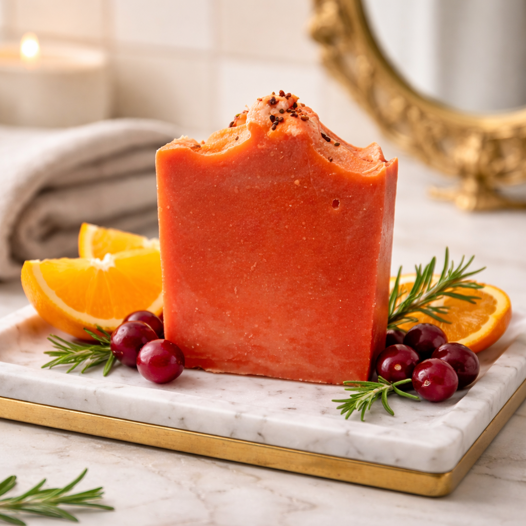 Red bar of soap on a marble tray with oranges, cranberries, and rosemary.
