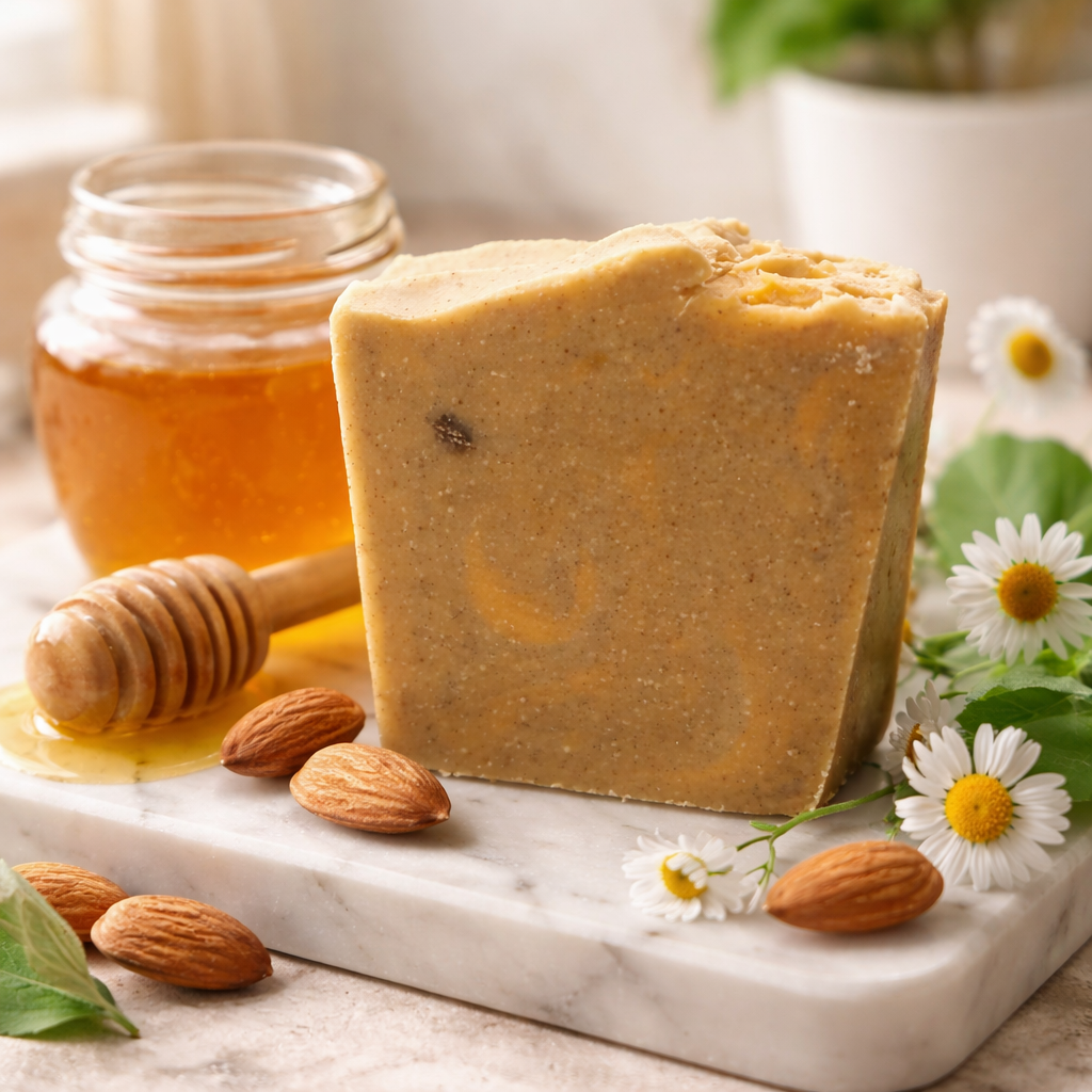 Tan and gold swirled soap with honey and walnuts