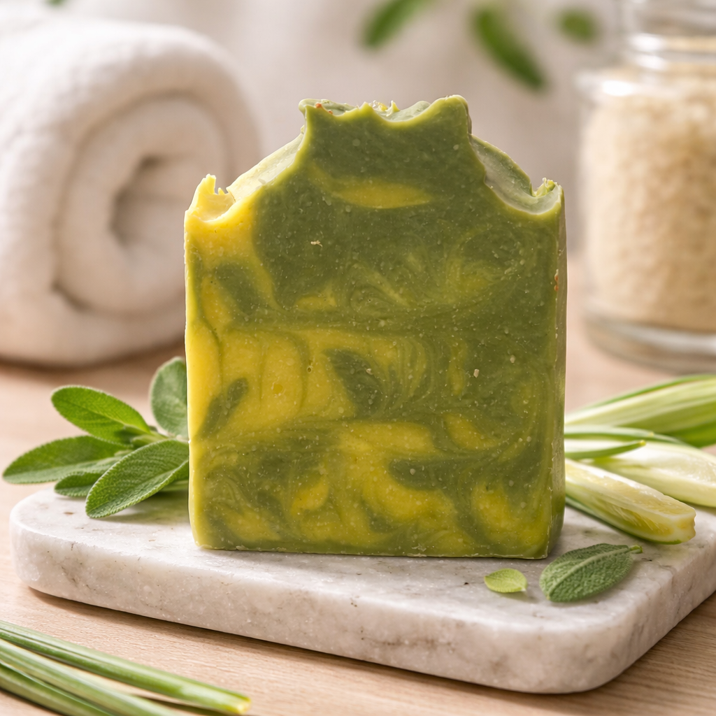 Green and yellow swirled soap bar on a marble slab with herbs