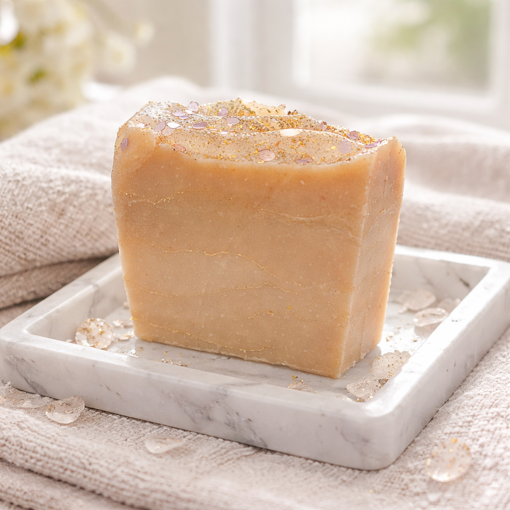 Bar of soap on a marble tray with a soft focus background