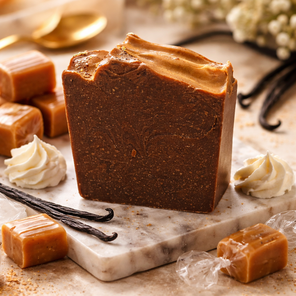 Brown soap on marble surface with caramels and vanilla beans 