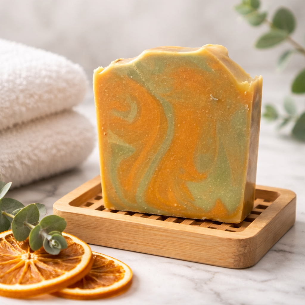 Swirled orange and green soap bar on a wooden soap dish with dried oranges and eucalyptus leaves.