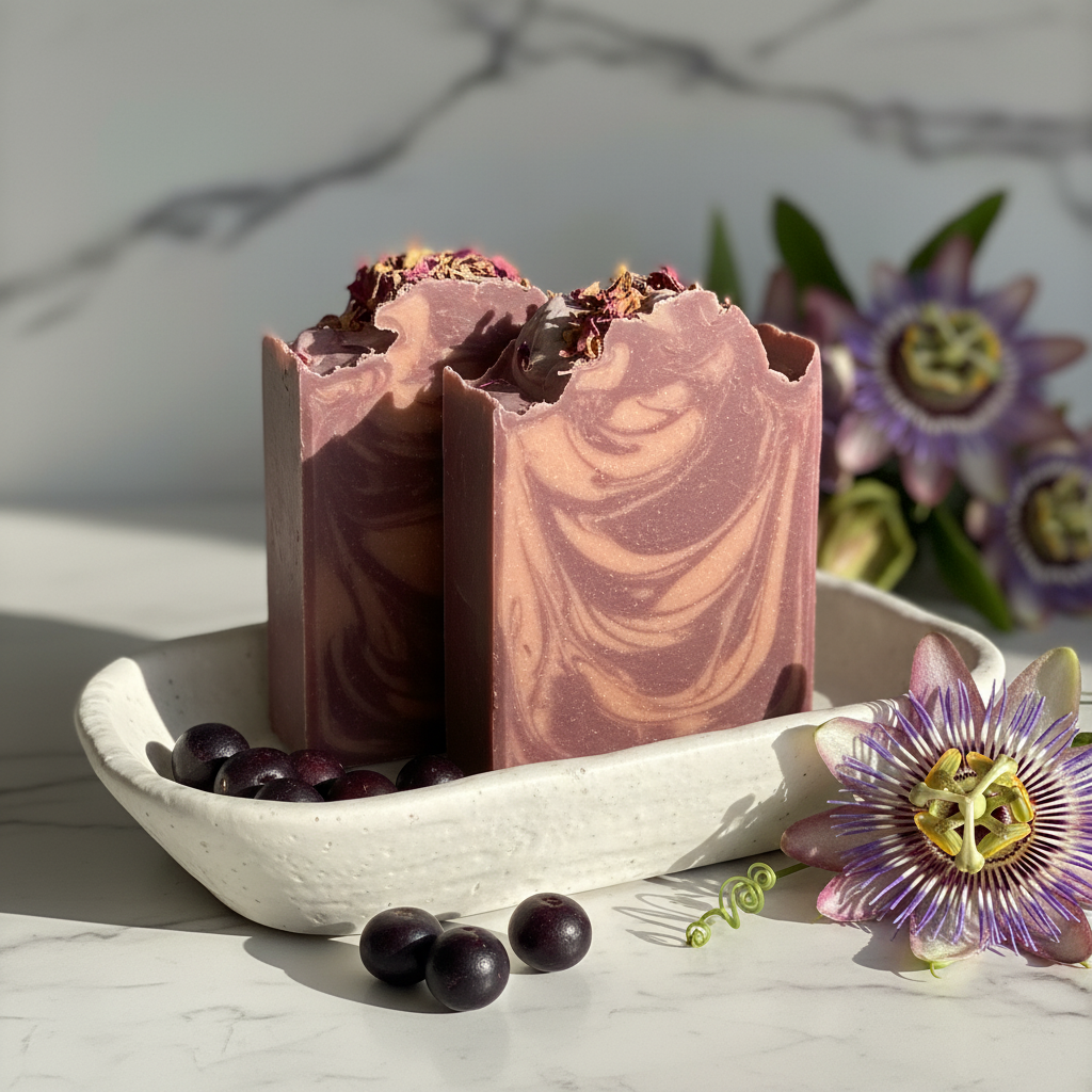 Two purple swirled soap bars on a white dish with purple flowers and cherries in the background.