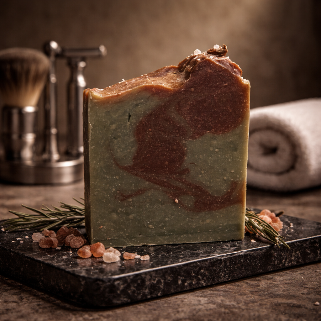 Bar of soap with natural ingredients on a dark surface, with a brush and towel in the background.