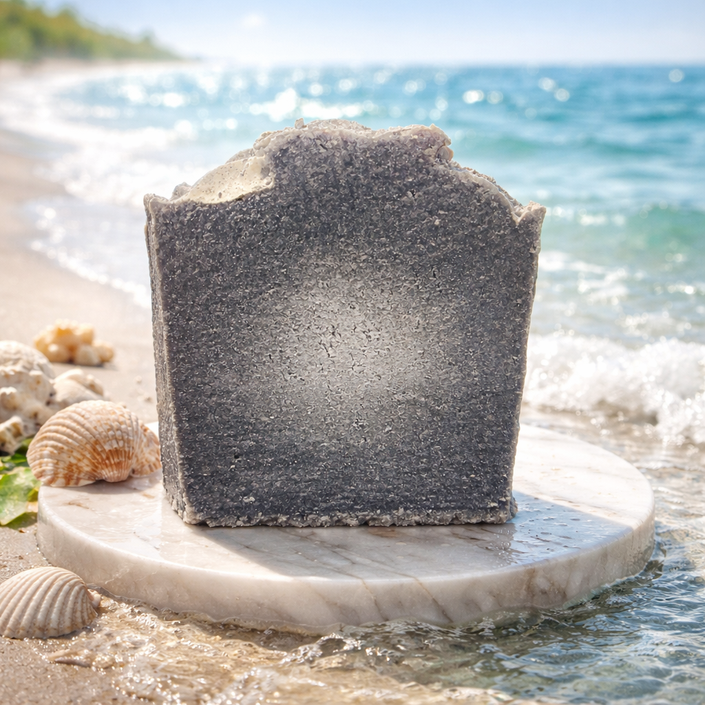 Decorative stone sculpture on a round stone platform with ocean waves in the background