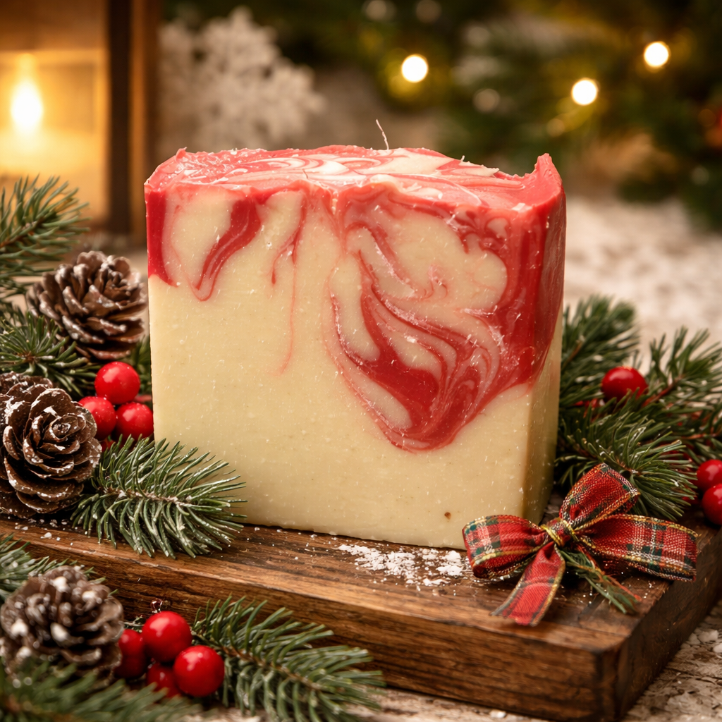 Decorative candle with red and white swirls on a wooden board with Christmas decorations.
