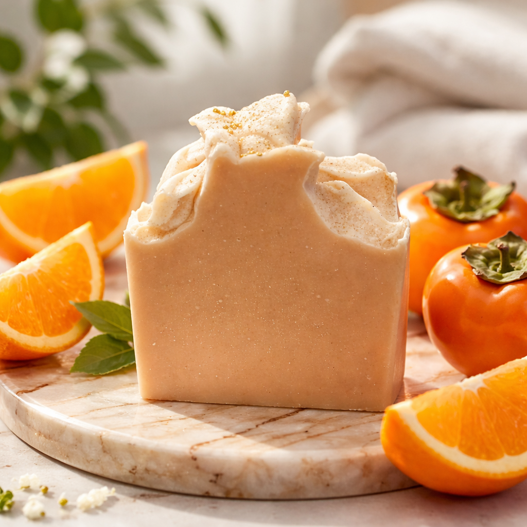 Bar of soap on a marble surface with oranges and persimmons in the background