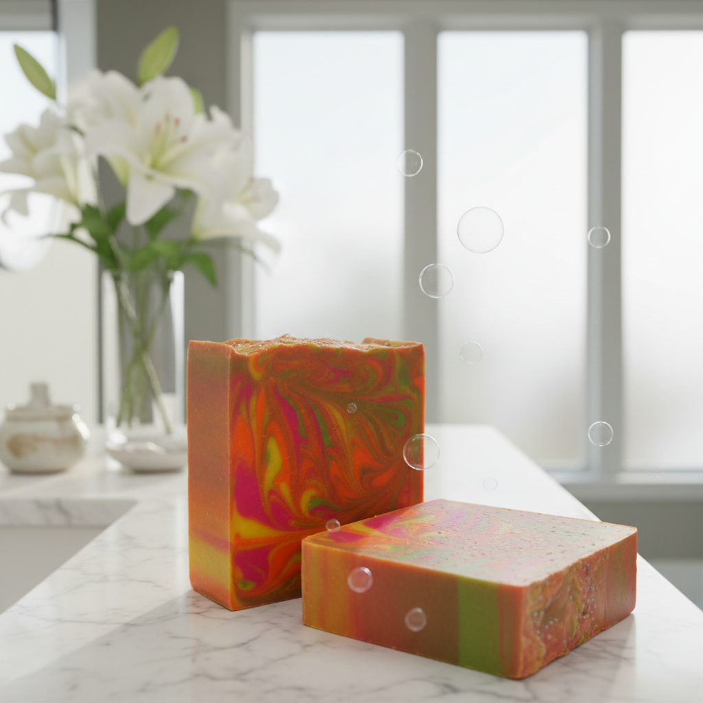 Two colorful soap bars on a marble surface with a blurred background of flowers and a window.