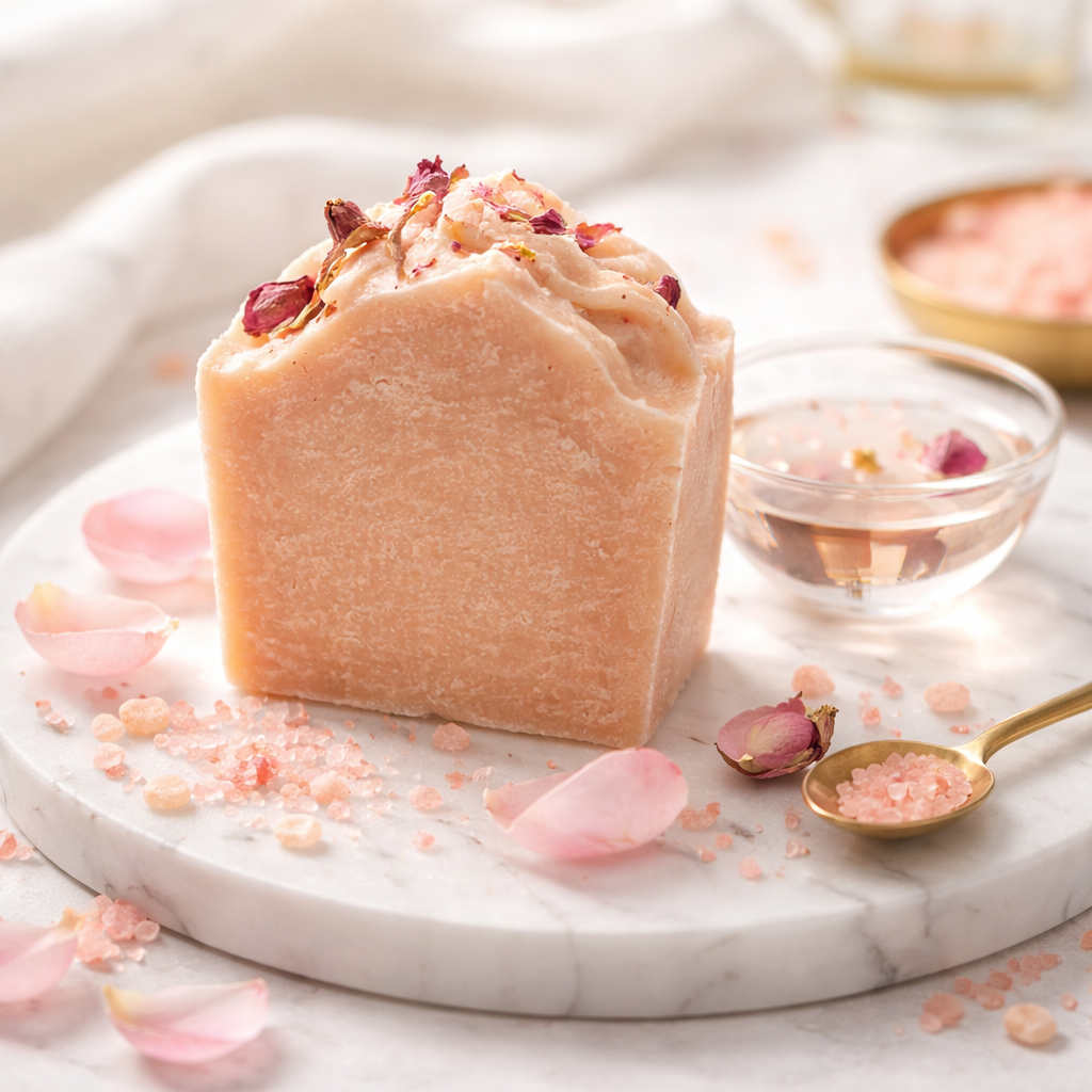 Bar of soap with rose petals on a marble surface