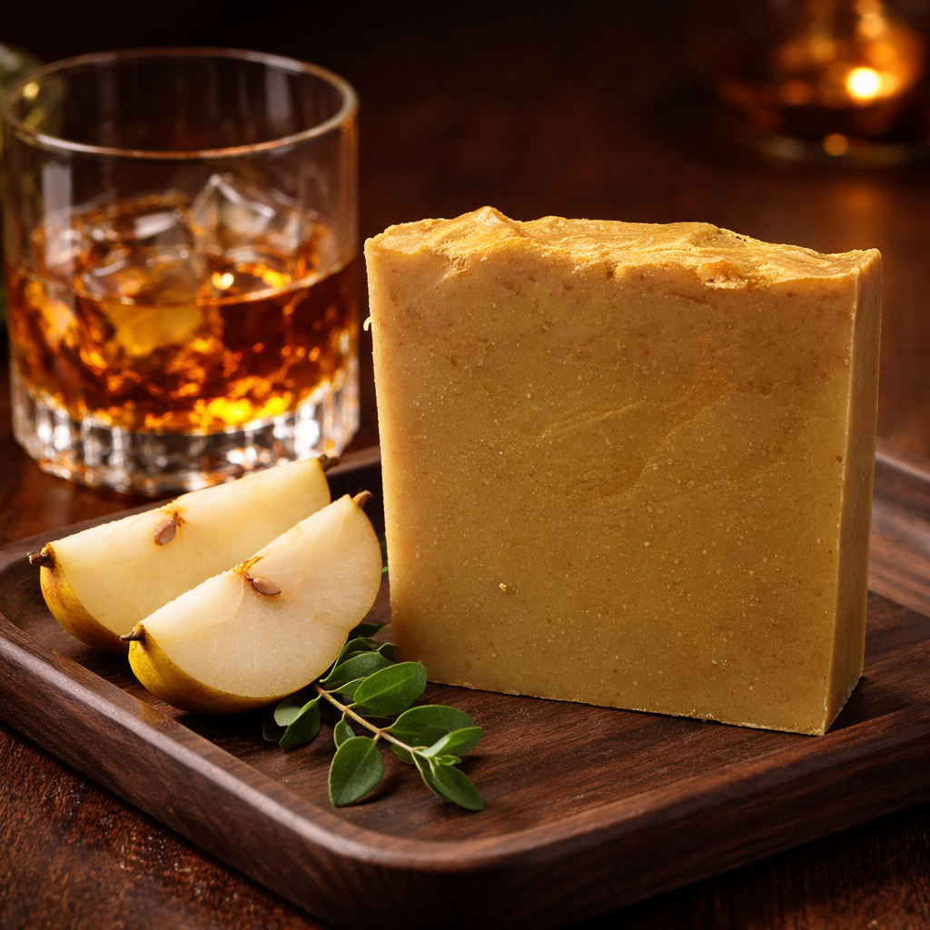 Green and tan soap with glass of bourbon in background and sliced pears.
