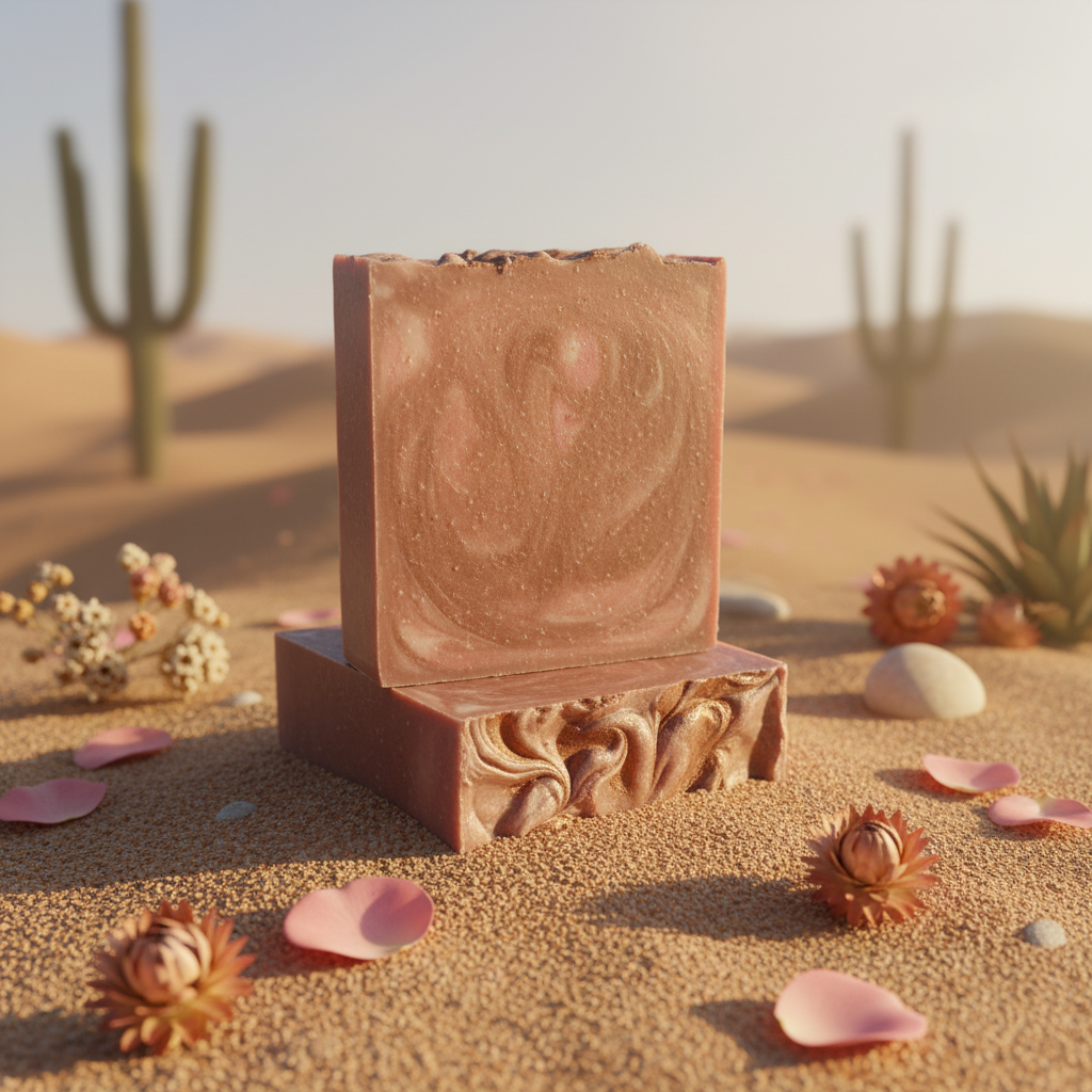 Bar of soap with decorative base in a desert setting