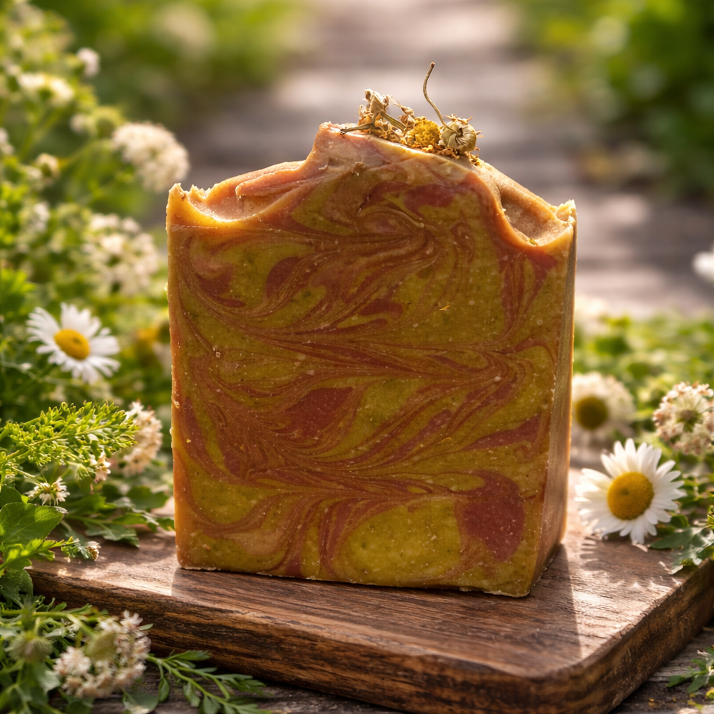 Pink and yellow soap with a garden of flowers in background
