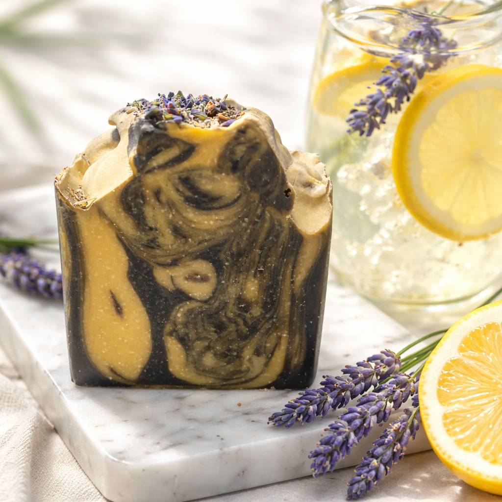 Purple and yellow soap on marble surface with lavender sprigs
