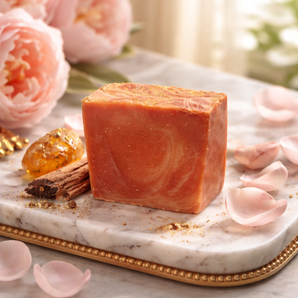 Light and dark pink soap surrounded by pink peonies