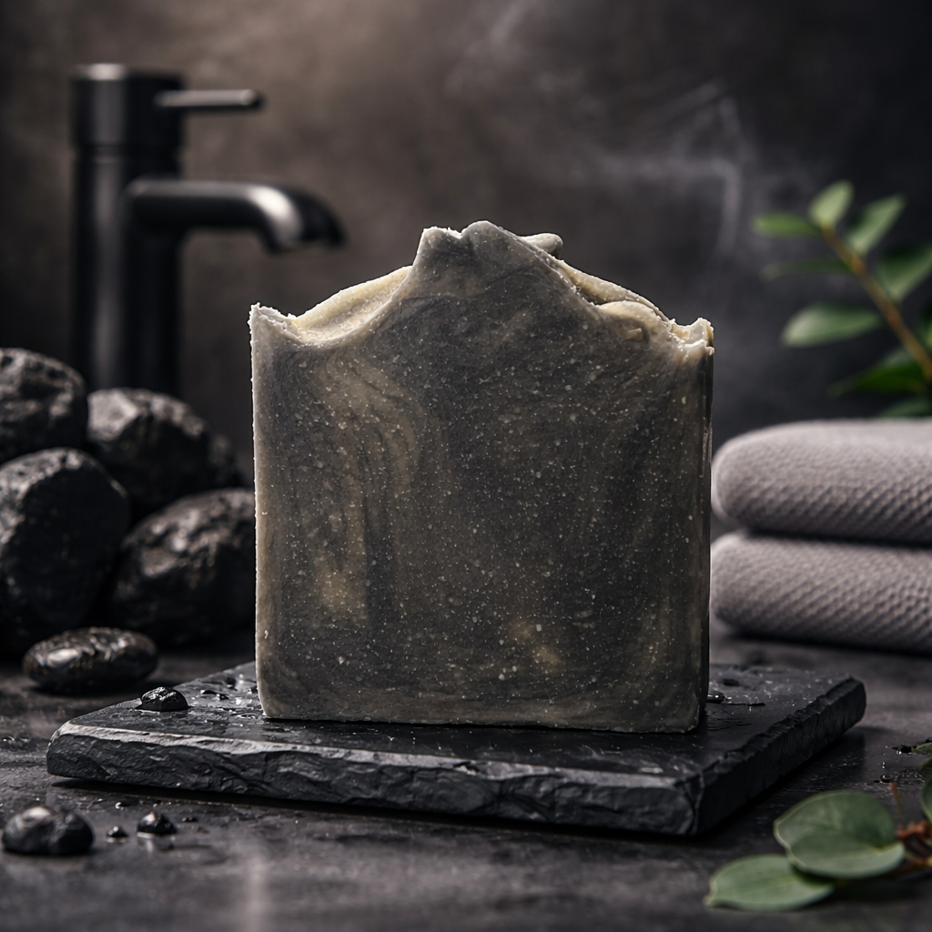 Bar of black soap on a dark surface with a blurred background