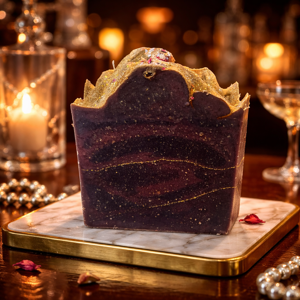 Purple soap with gold lines on top of 1920s style bar background