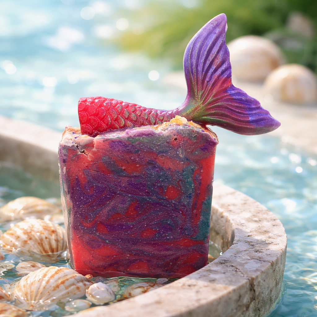 Colorful soap with a mermaid tail on a stone ledge by water