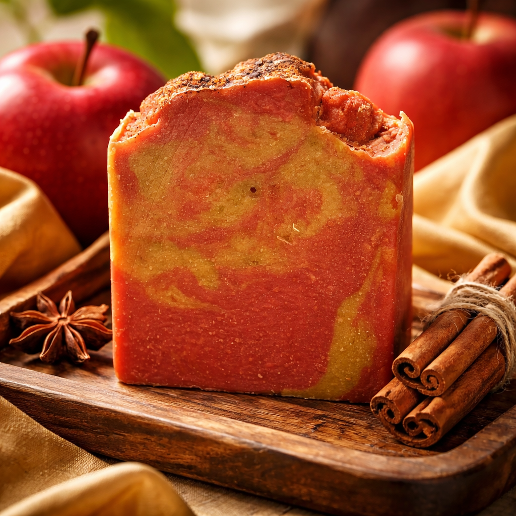 Red and yellow soap sprinkled with cinnamon