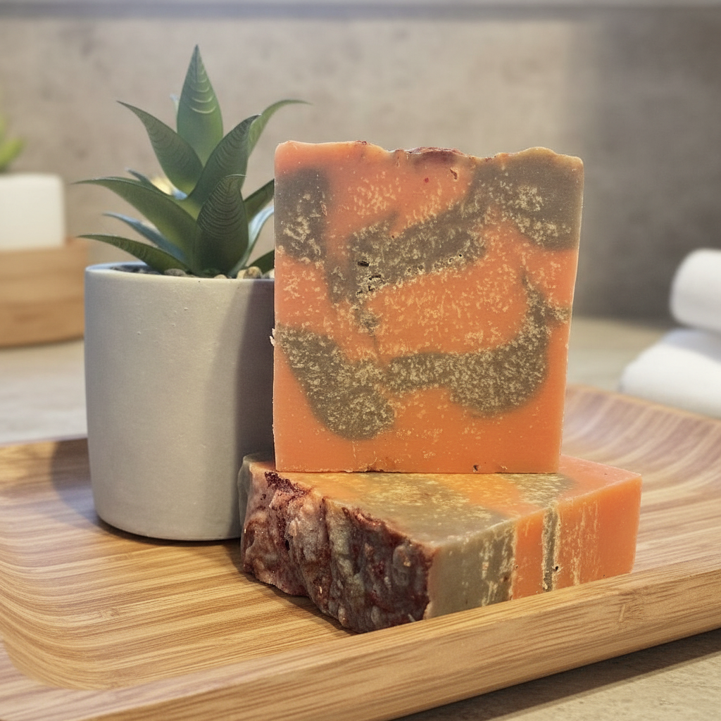 Two soap bars with a marbled pattern on a wooden tray with a plant in the background.
