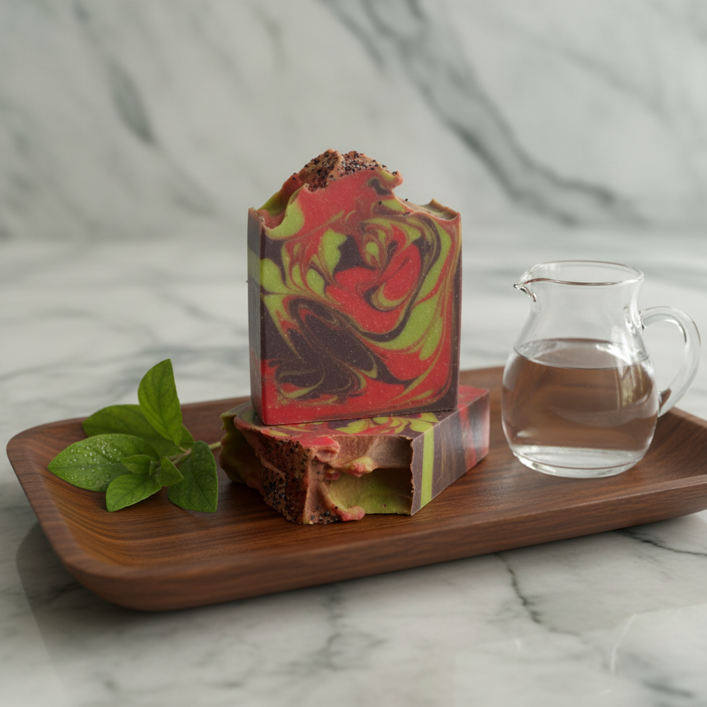 Colorful soap bar with green leaves and a small pitcher on a wooden tray