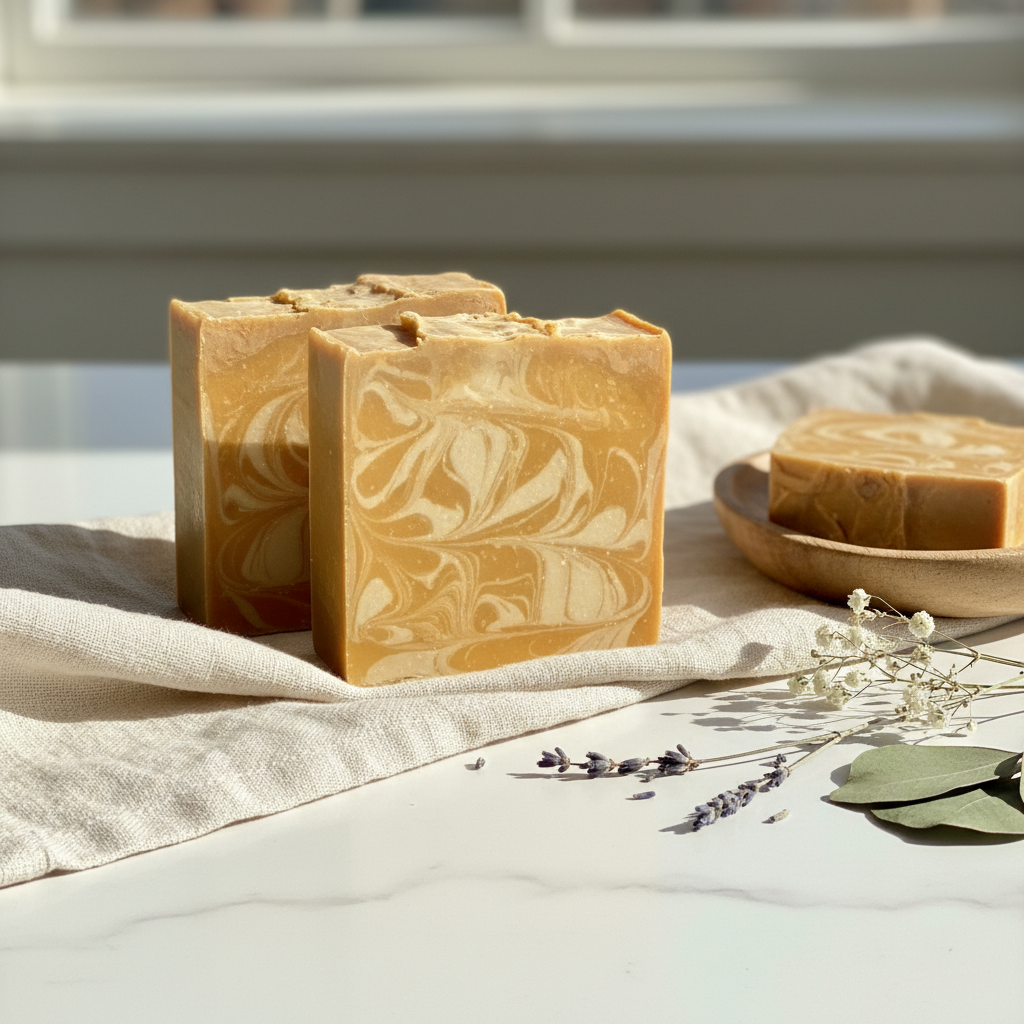 Three bars of soap with a marbled design on a light surface with a neutral background