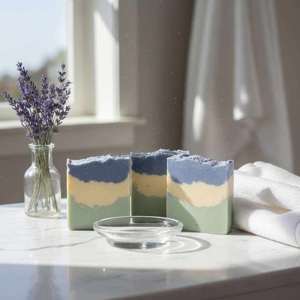 Three layered soap bars on a marble surface with a vase of lavender and a towel in the background.