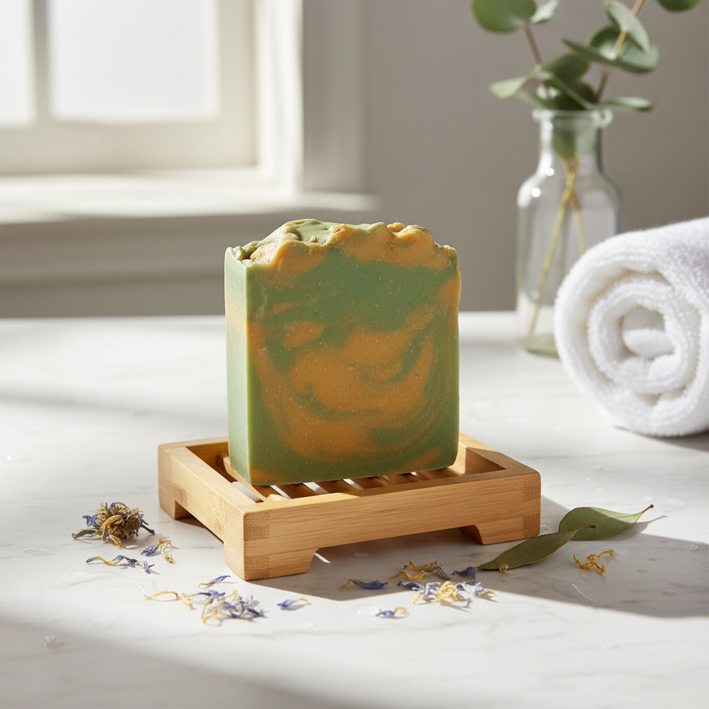 Green and orange soap bar on a wooden stand with a towel and plant in the background