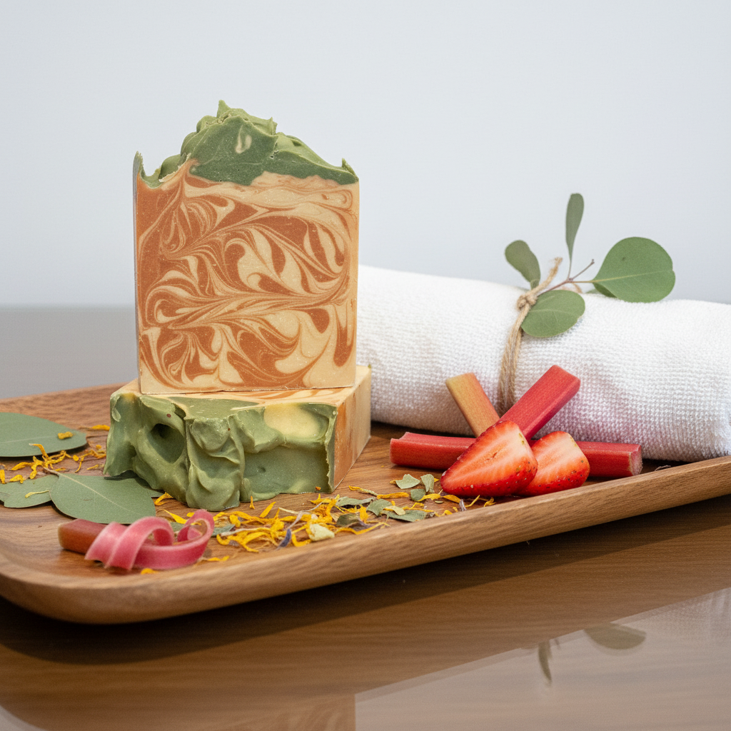 Handcrafted soap with natural elements on a wooden tray