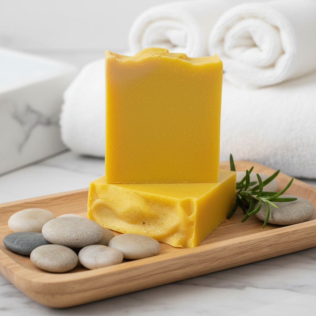 Two yellow soap bars on a wooden tray with stones and a rosemary sprig, against a white towel background.