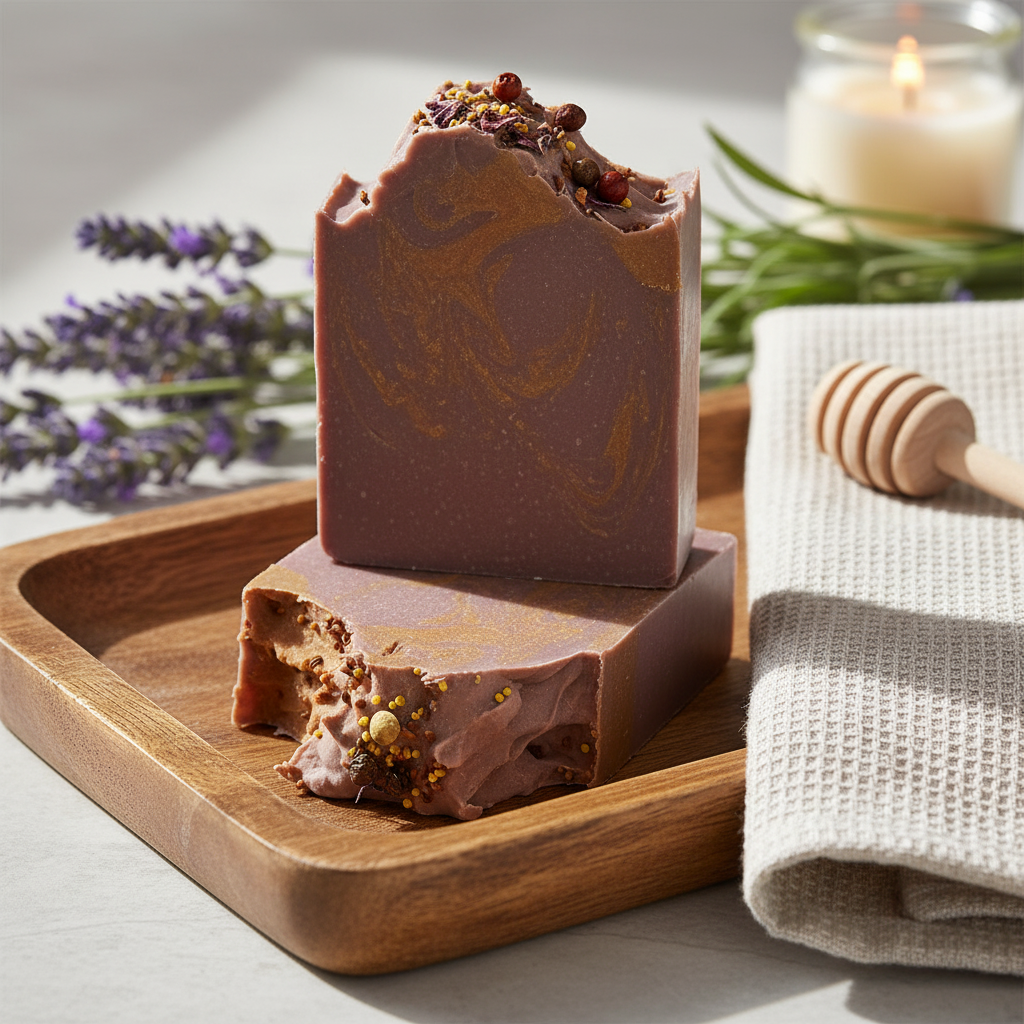 Two pieces of brown soap with specks on a wooden tray, surrounded by lavender flowers and a candle.