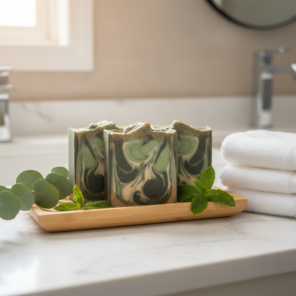 Three green soap bars with leaf patterns on a wooden tray in a bathroom setting.