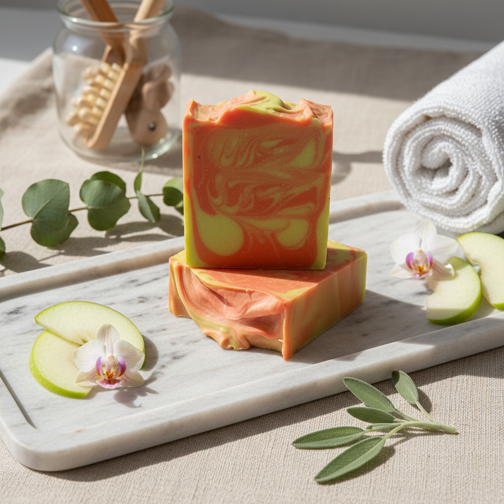 Two swirled soap bars on a marble tray with apples and flowers, set against a neutral background.