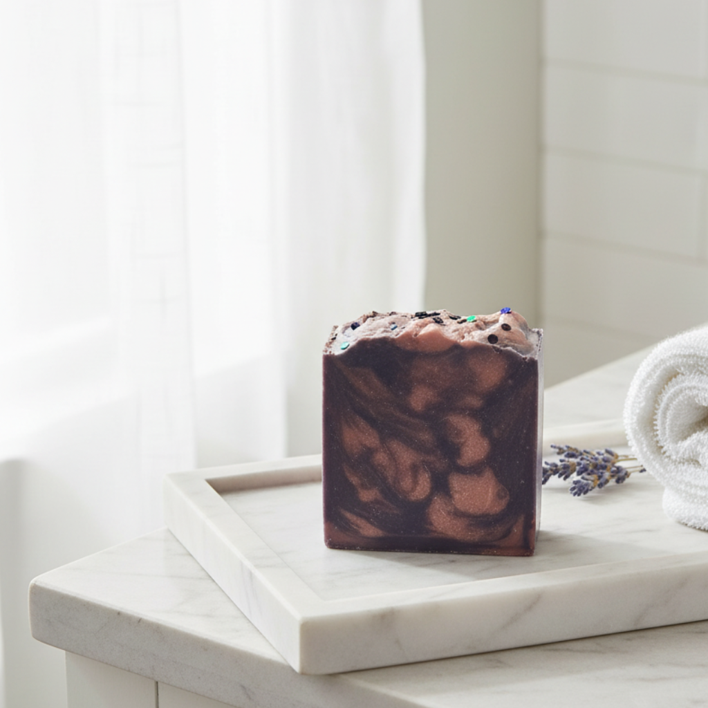 Marble surface with a bar of soap and lavender on a white curtain background