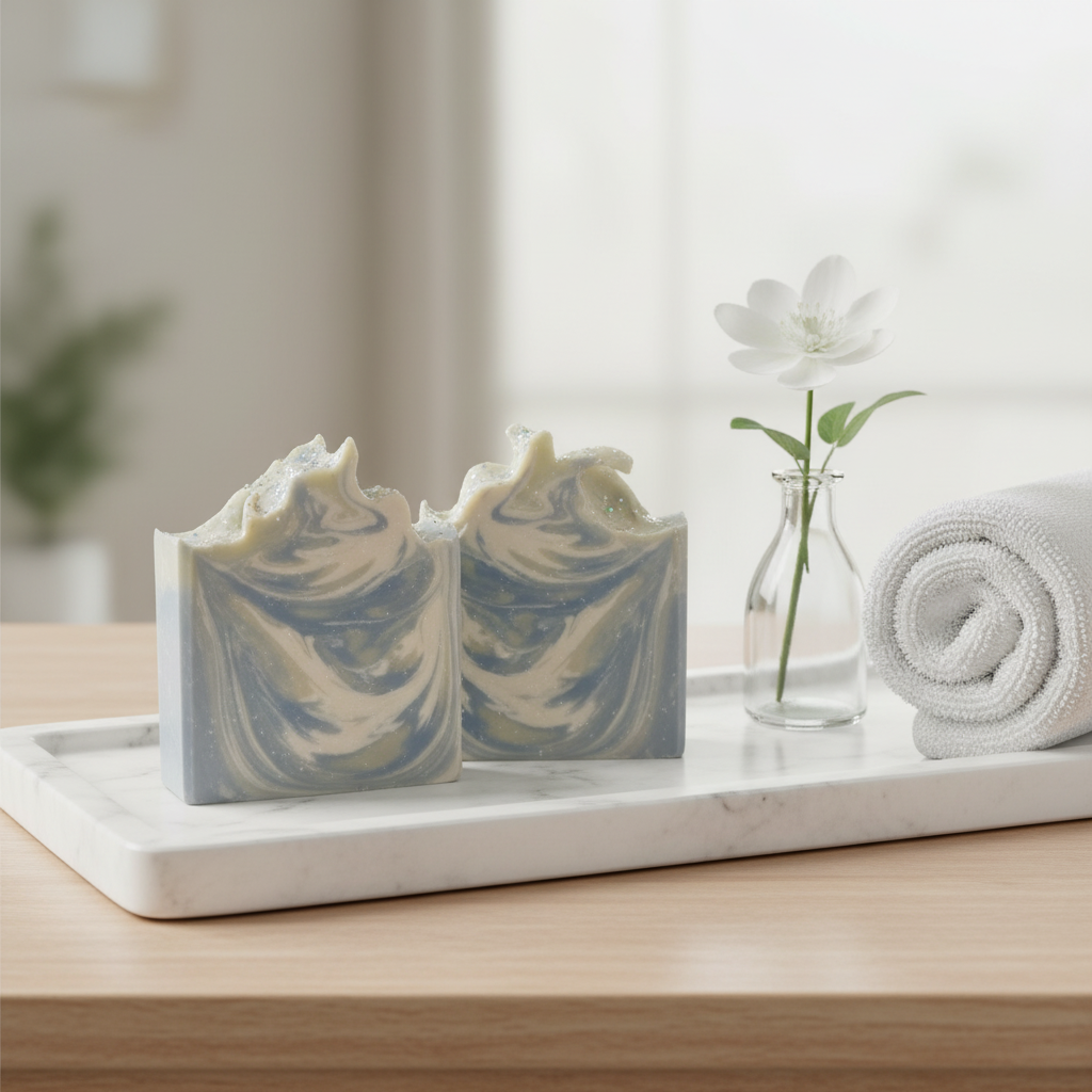Two swirled soap bars on a marble tray with a white flower and rolled towel in the background.