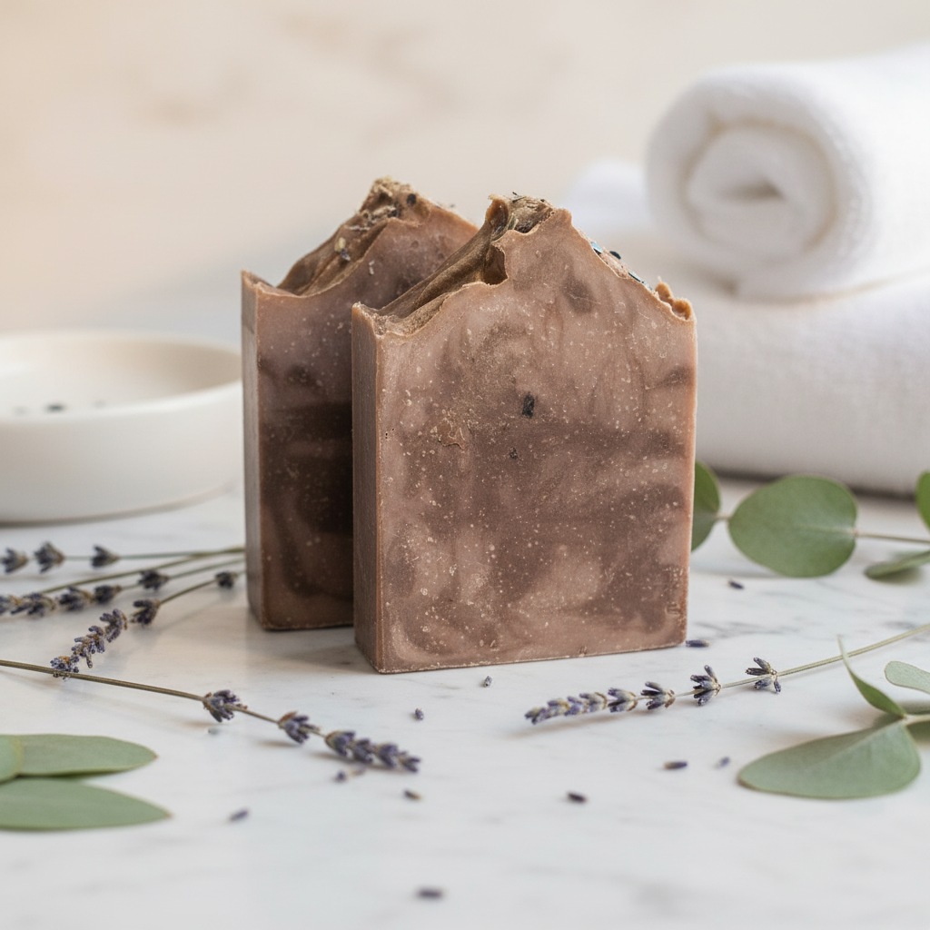 Two brown soap bars on a white surface with lavender and eucalyptus leaves.