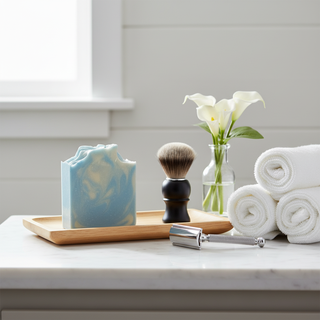 Bathroom counter with soap, brush, razor, and towels