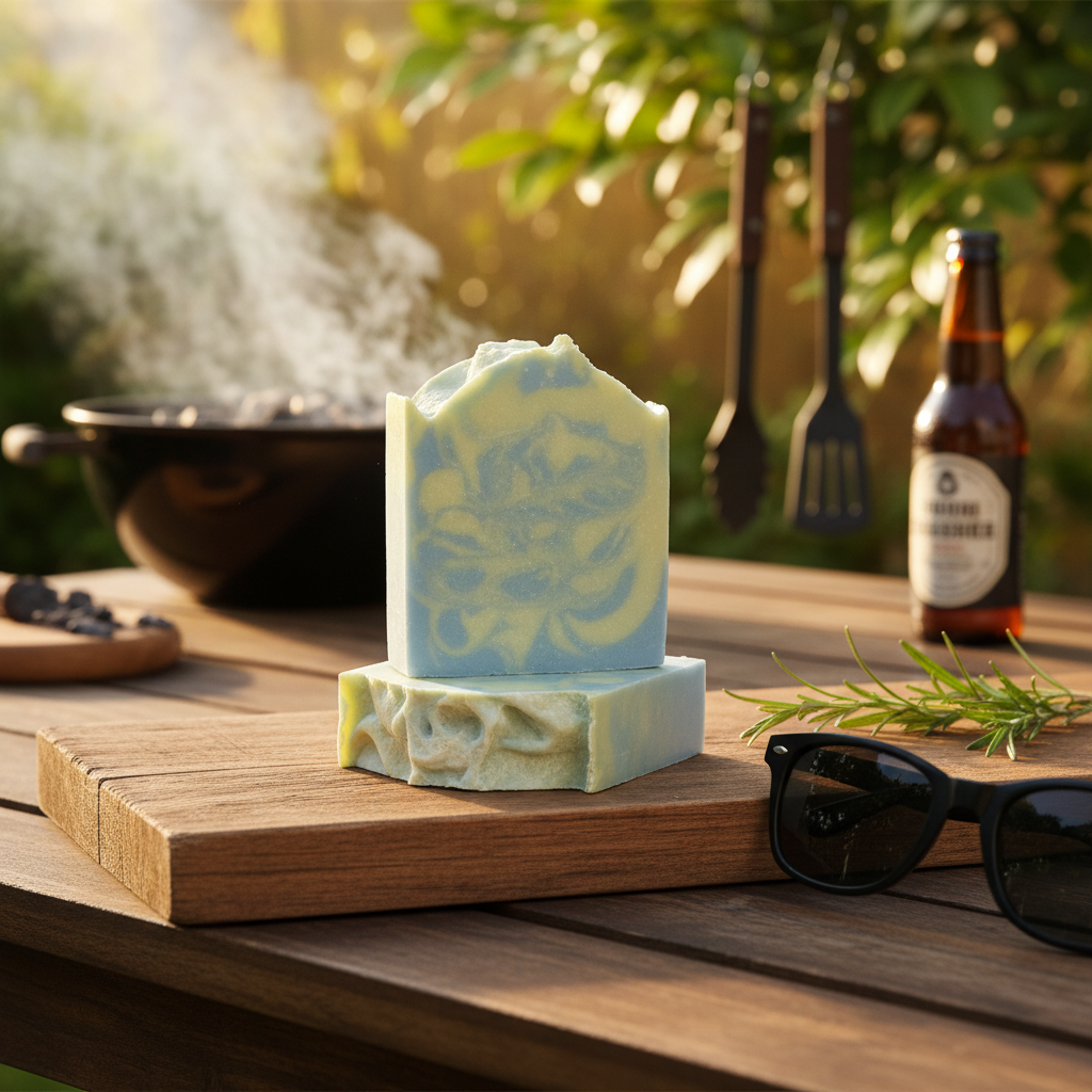 Two bars of soap on a wooden surface with a beer bottle and sunglasses in the background.