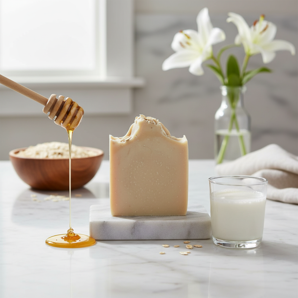 Bar of soap on a marble slab with honey being drizzled over it, next to a glass of milk and a bowl of oats.