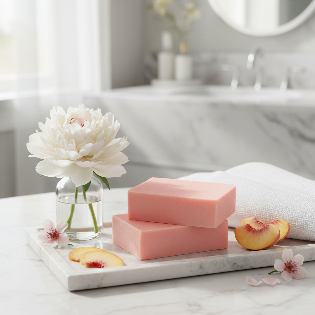 Pink soap bars on a marble tray with flowers and peach slices in a bathroom setting