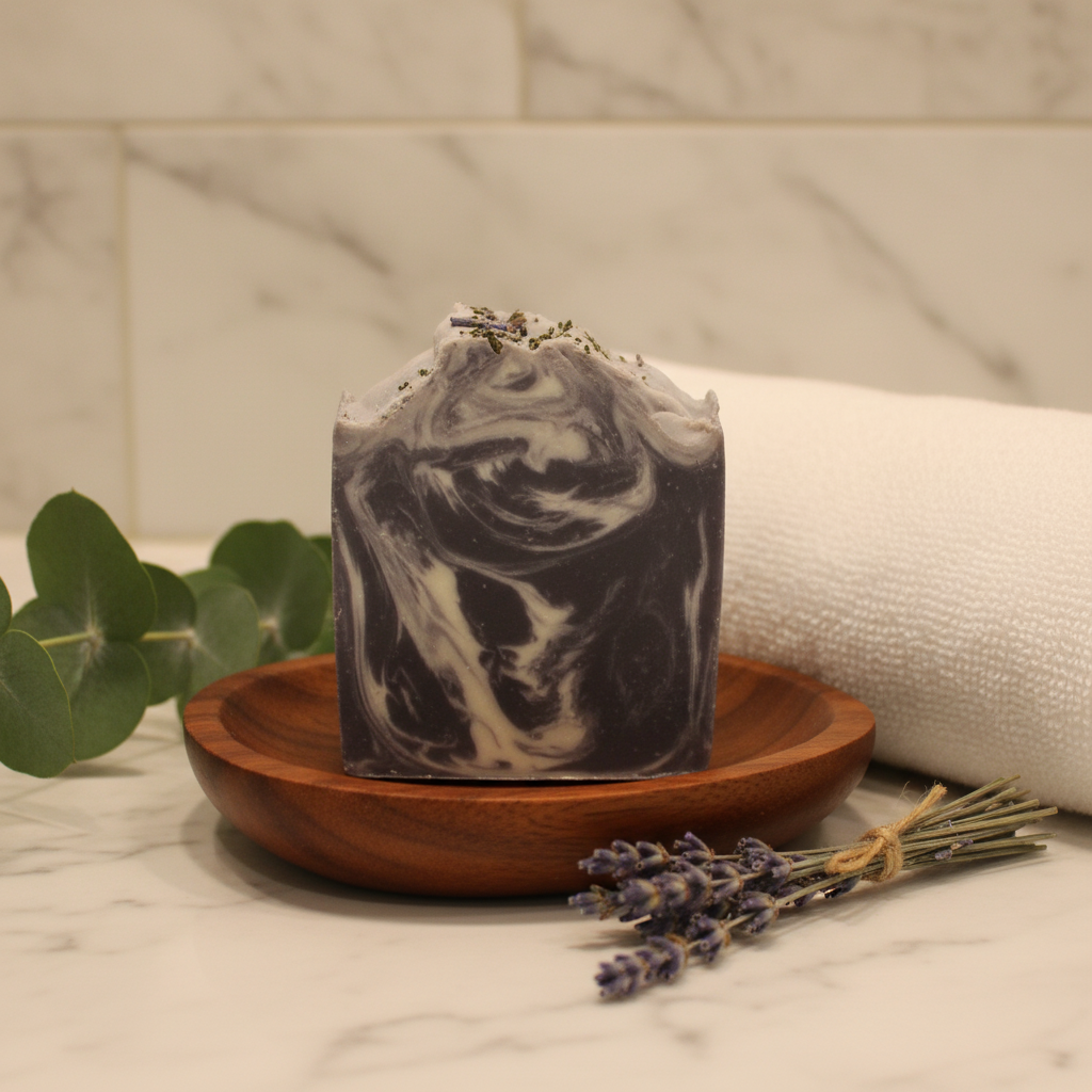 Bar of soap with a marble pattern on a wooden dish, surrounded by lavender and eucalyptus leaves.