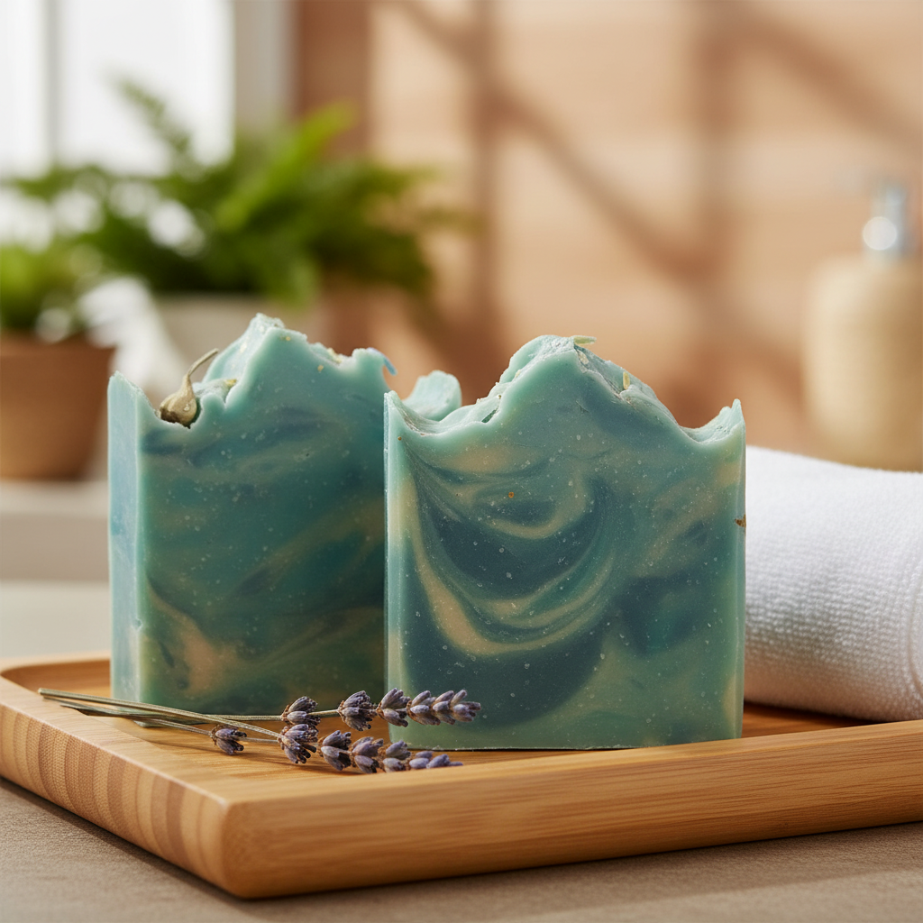 Two swirled green and blue soap bars on a wooden tray with lavender sprigs, blurred indoor background.