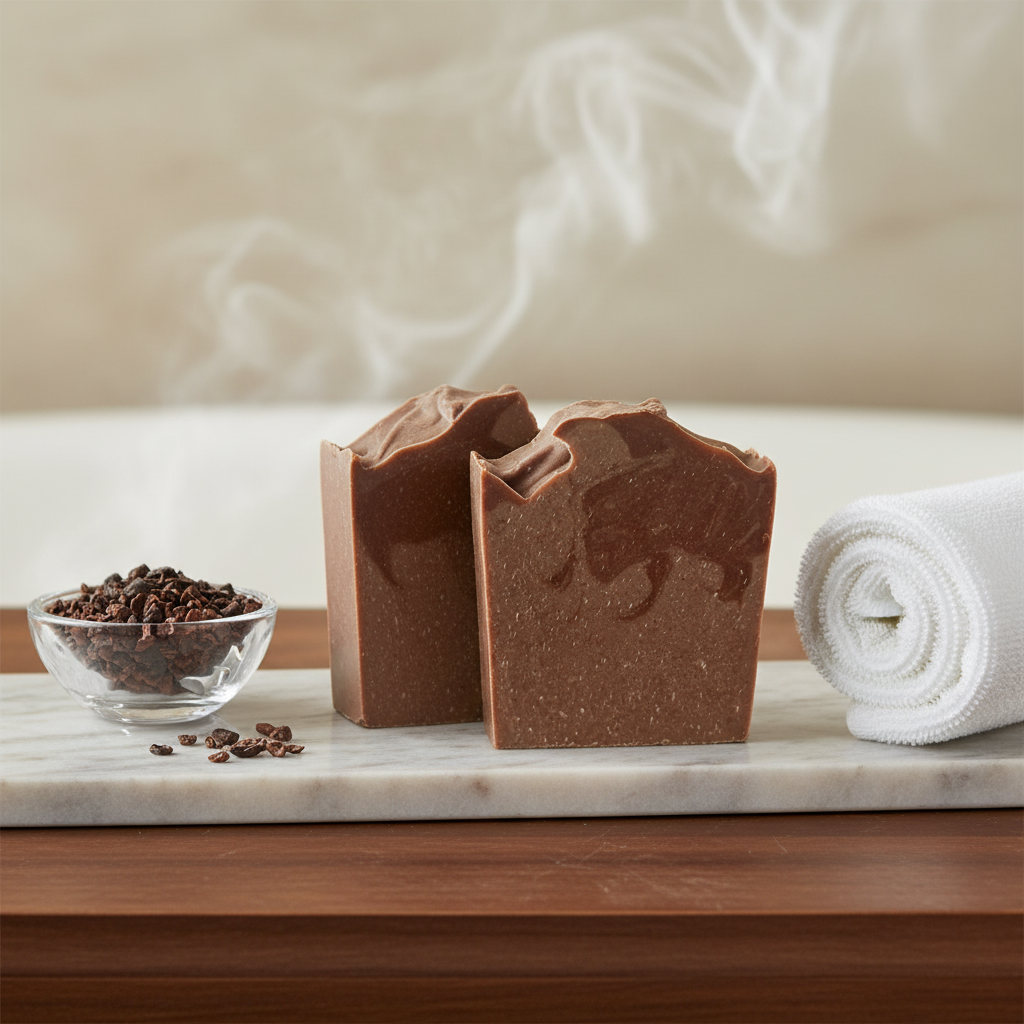 Two bars of brown soap on a marble slab with coffee beans and a towel in the background.