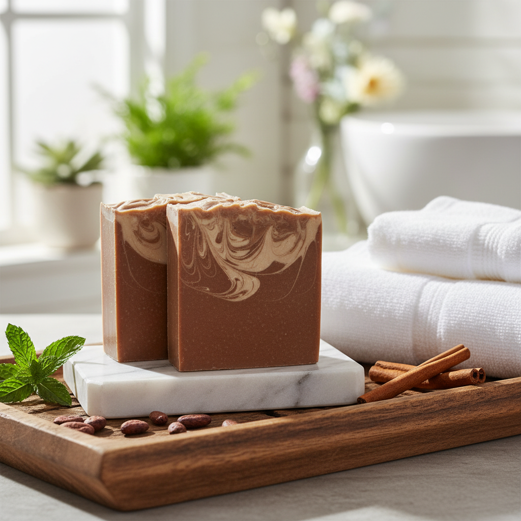 Two marbled brown and beige soap bars on a marble stand with cinnamon sticks and mint leaves on a wooden tray.