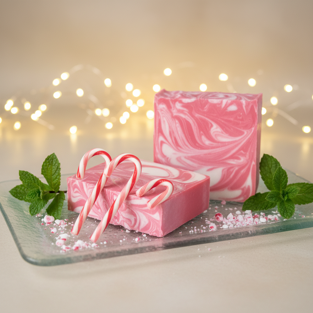 Pink marbled soap with candy canes and mint leaves on a glass tray with a soft light background.